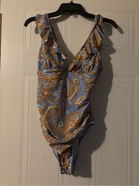 Cupshe Blue and Mustard Paisley One-Piece Swimsuit